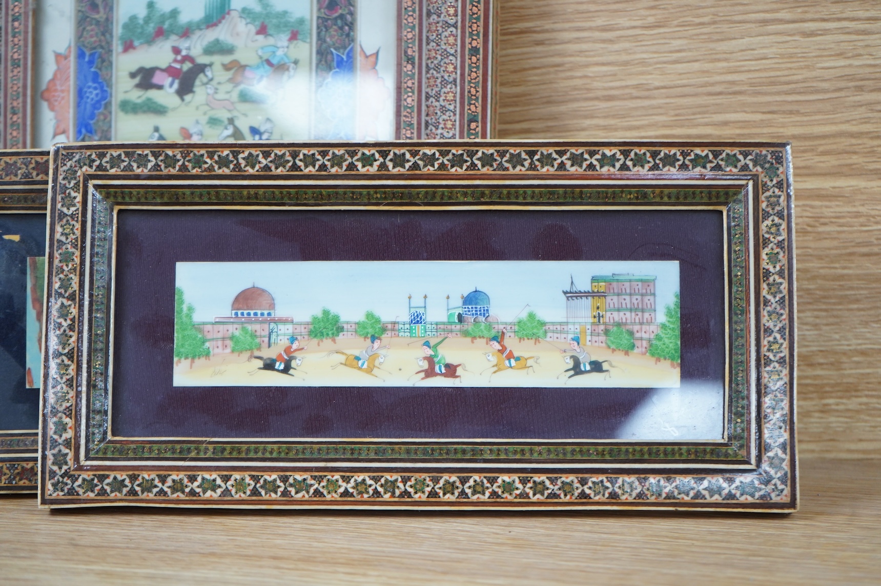 Four Indian school watercolours, Figures on horseback, housed in vizagapatam frames, largest 23 x 17cm